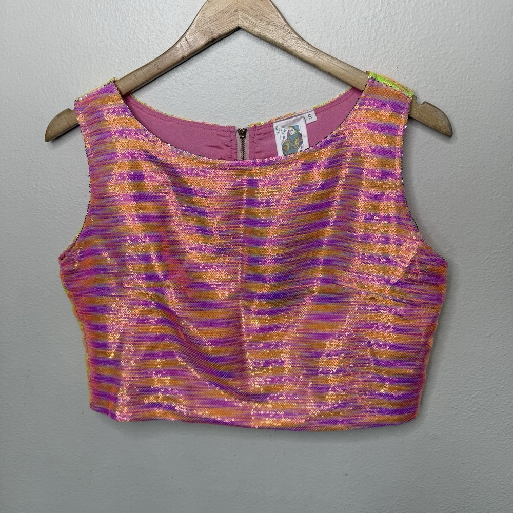 Queen Of Sparkles Stripe Sequin Pink Yellow/Green Neon Crop Top Women's Small